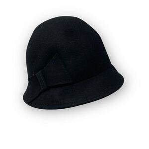 Riviera Black Cloche Bucket 100% Wool Hat Felt Bow OSFM